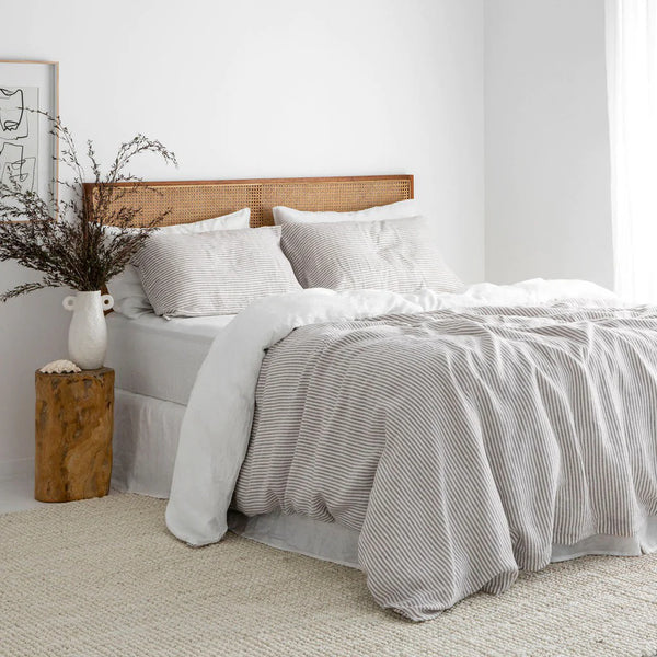 French Flax Linen Double Sided Quilt Cover Set in Milk/Grey Stripe